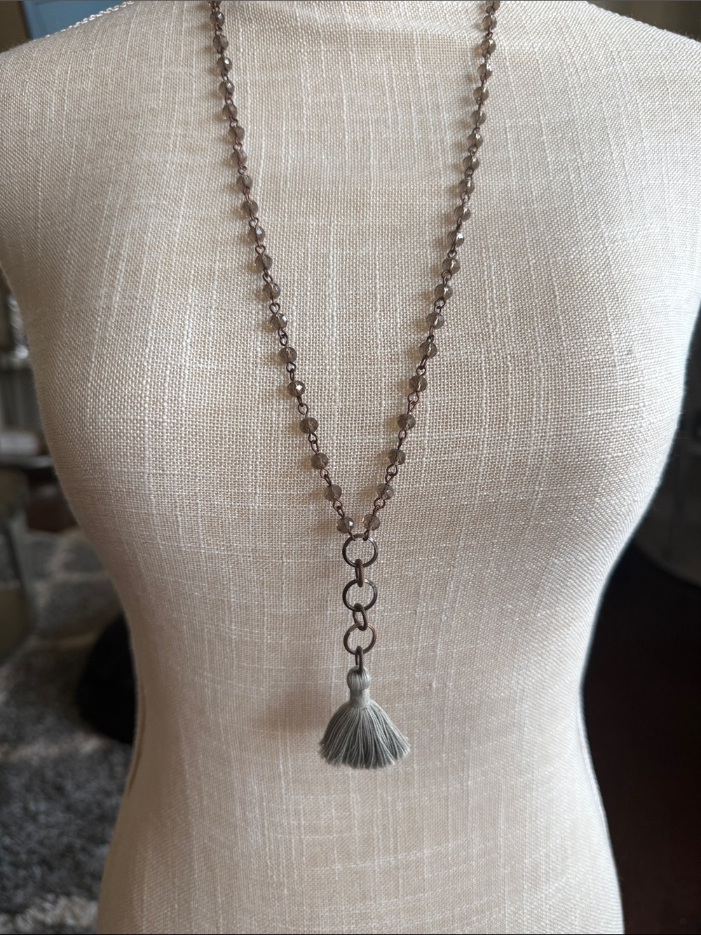 15” drop Antiqued Grayish Beaded & Gray Tassel Necklace